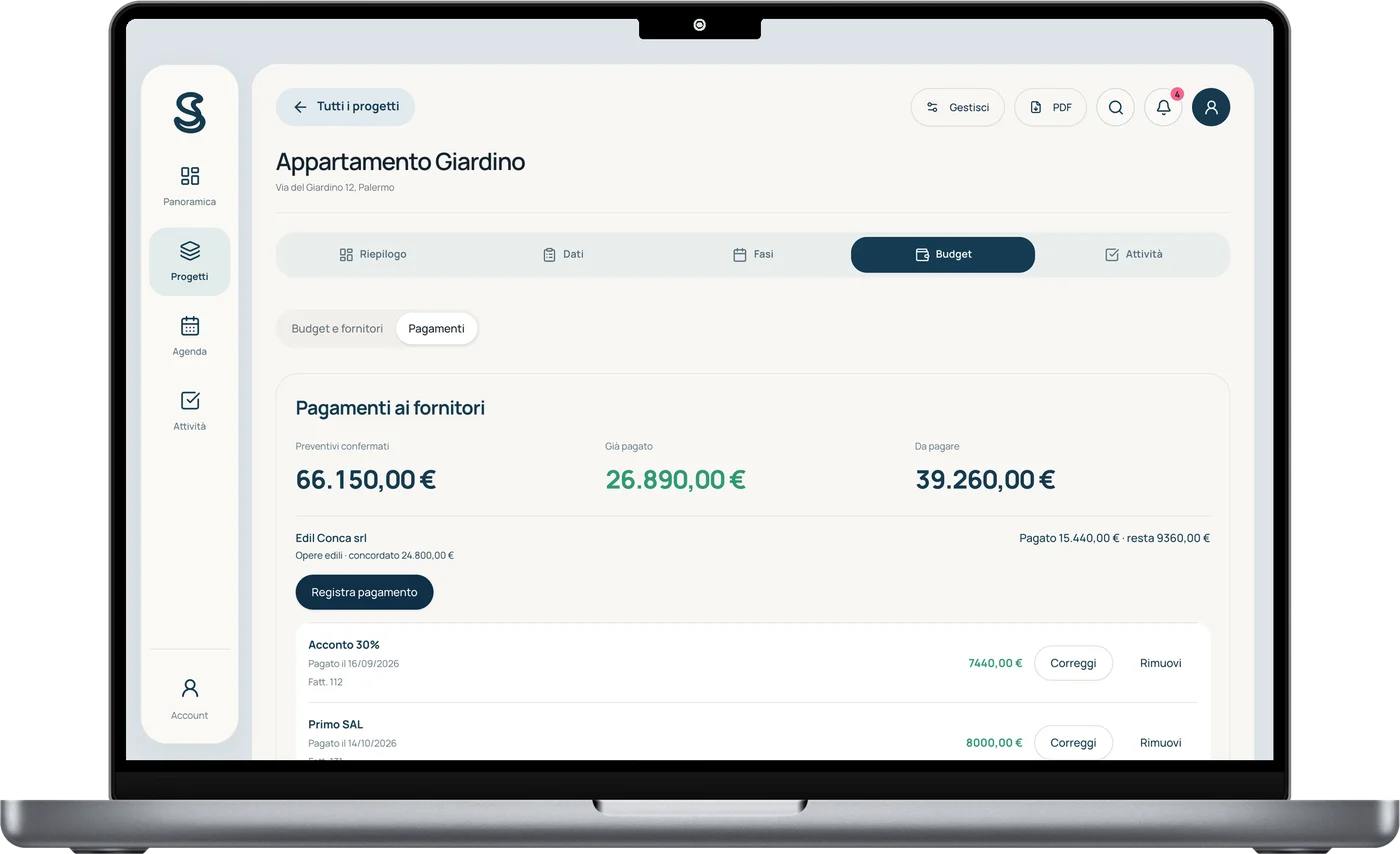 Pagamenti ai fornitori su MacBook: Edil Conca con acconto del 30 per cento e primo SAL pagati, con il riferimento della fattura