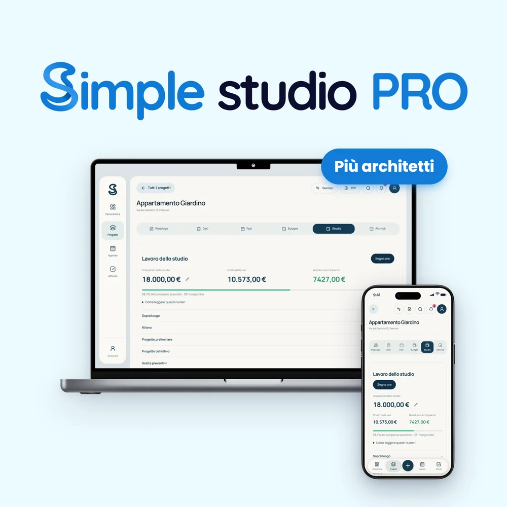 Simple Studio Pro su MacBook e iPhone: il lavoro dello studio con compenso e costo delle ore